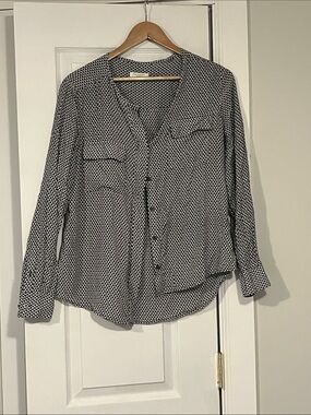Equipment Black and White Geometric Print Silk Button-Down Blouse